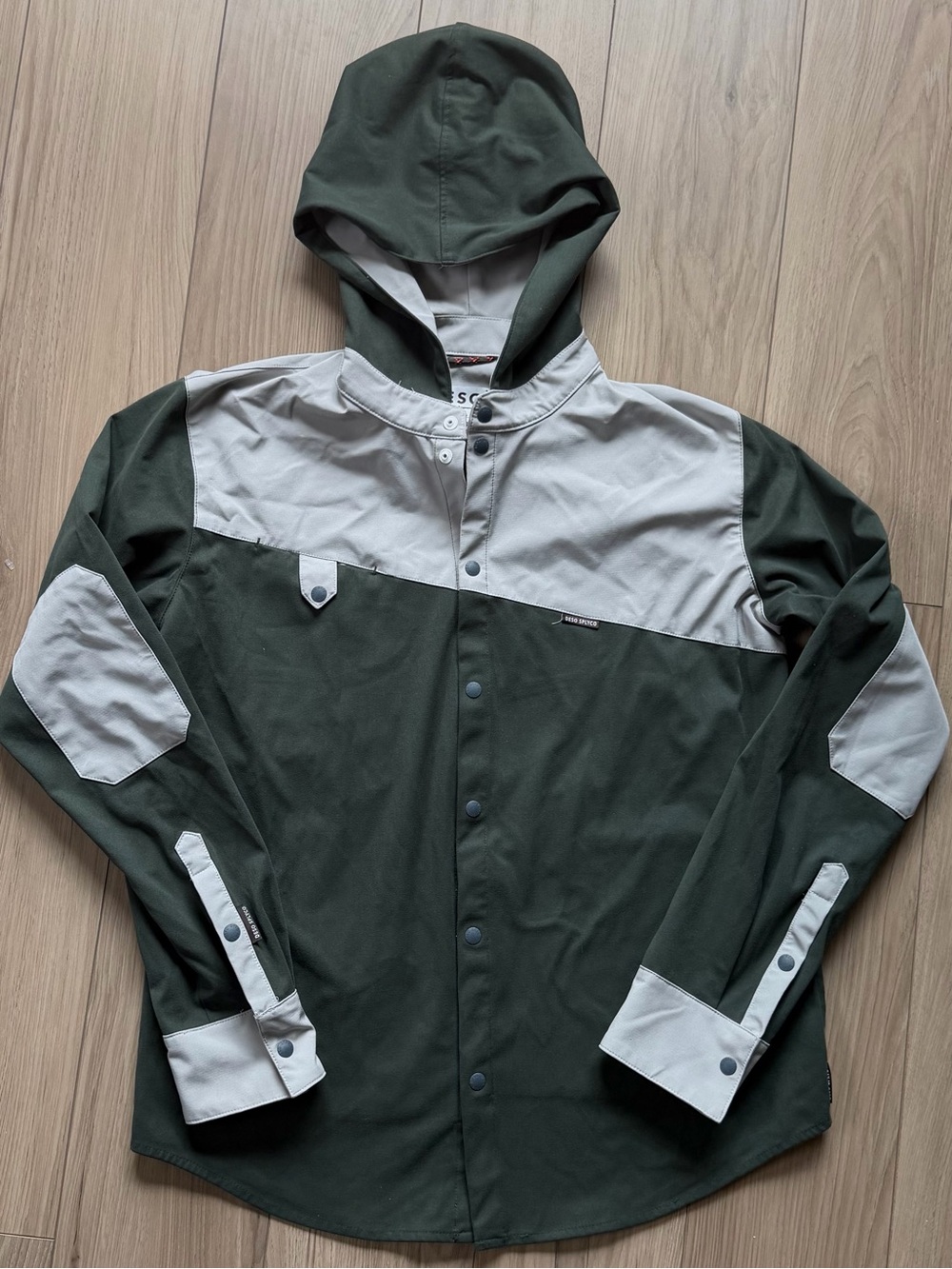 Deso Supply Co Men Hooded Colorblock Jacket Olive Green Light Gray Elbow patch L
